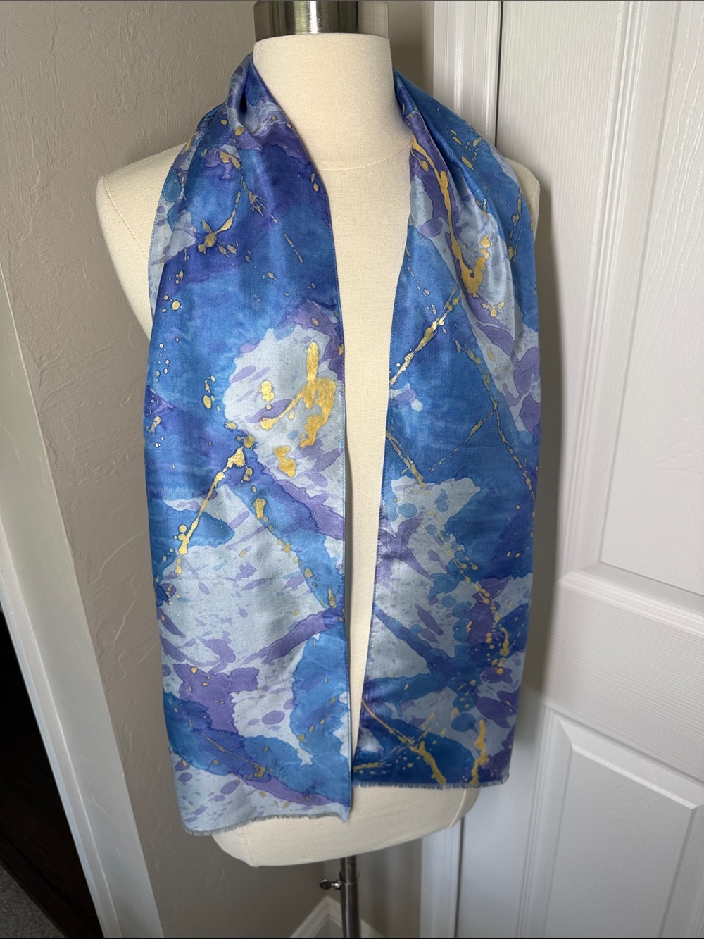 Blue gold and purple abstract print paint splatter silk scarf